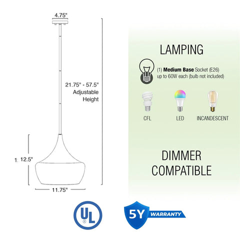 Dimensions and specifications of 13 Inch Modern Pendant Light With Clear Schoolhouse Glass Shade In Brushed Nickel Finish