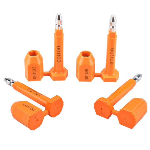 Rock Solid Shipping Container Bolt Seals 100 Pack Orange Steel Core Locks displayed with unique numbering for cargo security.