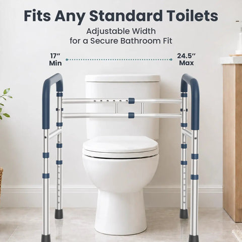 Heavy Duty Adjustable Toilet Safety Bars Featuring Tough As Nails 350 Pound Weight Capacity And No Fuss Assembly NonSkid Pads For Seniors next to a standard toilet.