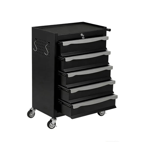 Tough As Nails Rolling Tool Chest Cart Featuring Five Roomy Drawers With Smooth Ball Bearing Slides Crafted From Heavy Duty Cold Rolled Steel With Rust Resistant Powder Coat For Garage Shop Storage, black with gray handles.