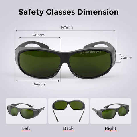 Top Notch Fiber Laser Safety Goggles For 1064Nm Eye Protection and Laser Engraving Gear dimensions shown from multiple angles.