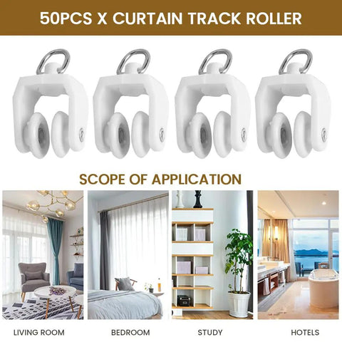 Fifty Piece Heavy Duty Ceiling Curtain Track Rollers With Flexible Bendable Clips And Rock Solid Construction For No Fuss Sliding In Modern Home Spaces close-up of white double wheel curtain track rollers.