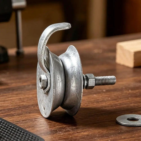 Heavy Duty Galvanized Gate Track Roller Rolls Like A Dream Fits 1 5/8 Inch Pipe with hook and bolt on wooden table.