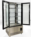 Top Shelf Commercial Four Door Glass Display Cooler Packing Hella Storage With Six Hundred Liters Smart Digital Temp Tracker, open view.