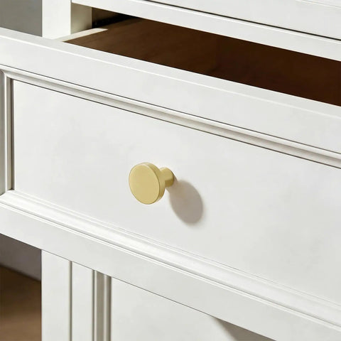 30 Pack Gold Cabinet Knobs For Your Dresser And Drawers Kitchen Hardware Handles Brushed Brass Modern Round Mushroom Knob Zinc Alloy With Two Screws Included mounted on a white drawer
