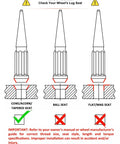 Diagram showing lug nut seat types for Solid Piece Spline Spike Lug Nut Set 14x1.50 Thread Pitch 33 Pack with warning notes.