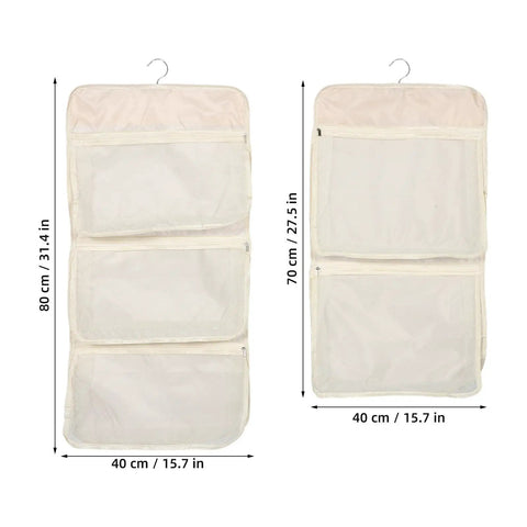Game Changer 2 Pack Mesh Hanging Closet Storage Organizers Beige with dimensions 80 cm and 70 cm, featuring separate anti tangle pockets.
