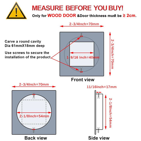 Diagram showing measurements for Black Stainless Steel Flush Handles For Sliding Closet Doors Square Recessed Finger Pulls Inner Diameter Two And One Eighth Inches Outer Size Two And Three Quarters Inches 54mm Invisible Screws Ideal For Bypass Pocket Barn And Bi Fold Doors Four Pack