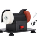 Slick Compact Mini Bench Grinder Featuring Dual Twin Wheels For Rapid Tool Sharpening Heavy Duty Coarse Grinding And Smooth Shop Finishing Built Tough For Small Space Fixes And Daily Garage Hustle, shown with white and red grinding wheels.