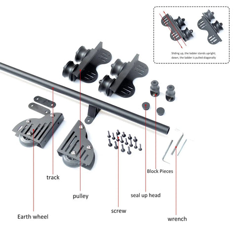 Heavy Duty Sliding Barn Door Rails And Rolling Library Ladder Hardware Kit Round Tube Mobile Track System with pulleys, screws, and track