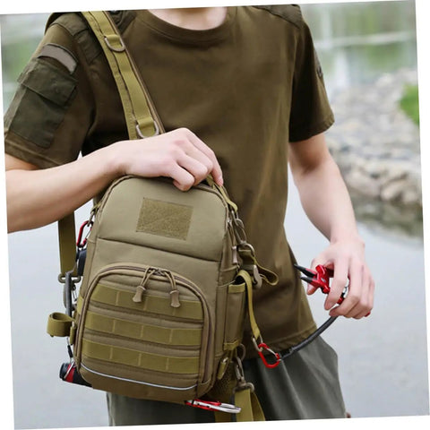 Person wearing Camouflage Oxford Cloth Outdoor Fishing Backpack With Large Capacity Tactical Hiking Daypack For Men Women And Boys