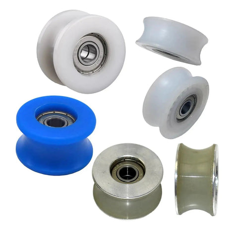 Heavy Duty Flanged Track Wheels Nylon Pulley Quiet Rolling Replacement Hardware For Slick Glide Sliding Glass Doors and No Fuss Hang Fit Installations, featuring blue and white wheels with bearings.