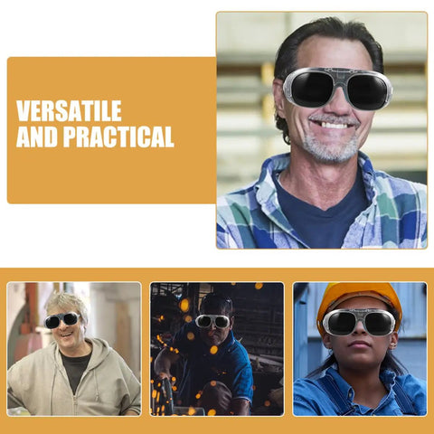 Rock Solid Badass Welding Goggles For Men With Black Gray Dark Tint Lenses worn by diverse users in various settings.