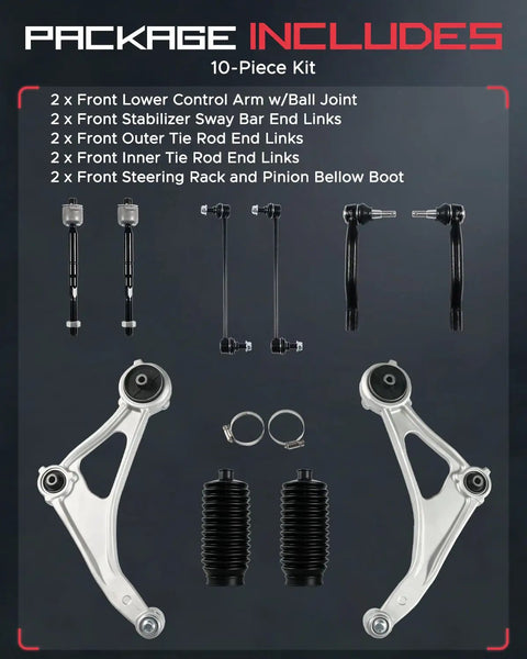 Heavy Duty Front Lower Control Arms Pair For Nissan Altima Maxima 2015-2023 With Ball Joints Bushings and accessories in a 10-piece kit.