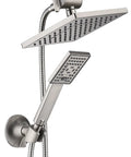 Dual Shower Head System With 8 Inch Square Rainfall Head And Handheld Spray 60 Inch Hose 3 Way Diverter Wall Mount Bracket Brushed Nickel Finish