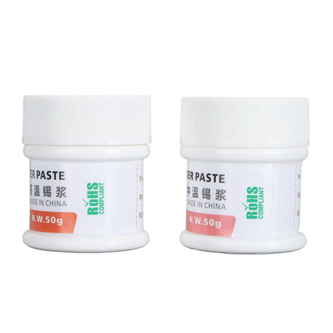 Two jars of non corrosive solder paste for electronics repair, 25 to 45 micron flux particles, pro grade solder aid, two pack