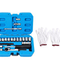 Heavy Duty 29 Piece Metric Socket And Ratchet Set With Through Hole Design And 72 Tooth Quick Reverse Ratchet in blue case with gloves.
