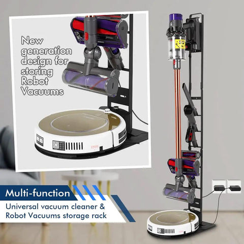 Versatile Vacuum Stand And Wall Mount For Dyson V12 V15 V11 V10 V8 V7 And Cleaning Robots shown with vacuum storage setup