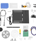 Beast 1850W Faceting Machine components including motor, blades, and tools for gem polishing and precise manipulation.
