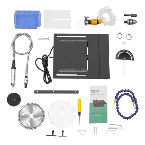 Beast 1850W Faceting Machine components including motor, blades, and tools for gem polishing and precise manipulation.