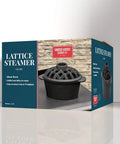 Cast Iron Lattice Steamer Fits Wood Stoves Boosts Room Humidity One Quart Capacity Durable Black Finish on product packaging.