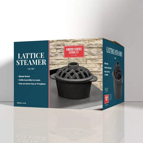 Cast Iron Lattice Steamer Fits Wood Stoves Boosts Room Humidity One Quart Capacity Durable Black Finish on product packaging.