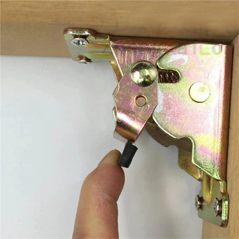 Rock Solid Four Piece Folding Brackets Slick Black Table Leg Hinges close-up of assembly mechanism for easy collapsible support frame.