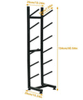 Heavy Duty 6 Layer Skateboard Floor Stand And Wall Mount Rack To Park Longboard Cruiser And Mini Deck Plus Snowboard Storage Rack Shop Grade, black steel frame with dimensions.