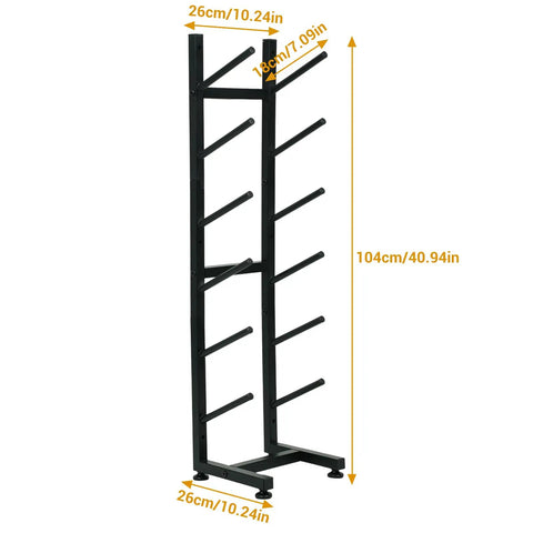Heavy Duty 6 Layer Skateboard Floor Stand And Wall Mount Rack To Park Longboard Cruiser And Mini Deck Plus Snowboard Storage Rack Shop Grade, black steel frame with dimensions.