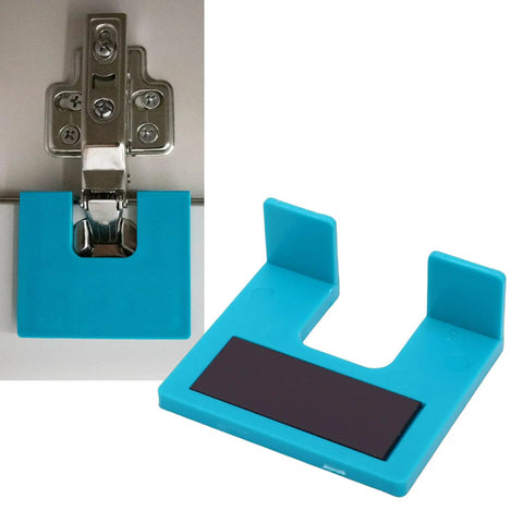 Easy Hinge Mate Quick Door Hinge Jig For Precise 2mm Alignment And Fast Door Jamb Latch Installations Cabinet Hinge Mounting Plate With Magnetic Guide For No Fuss Hinges Cutting in blue plastic with hinge installation view.