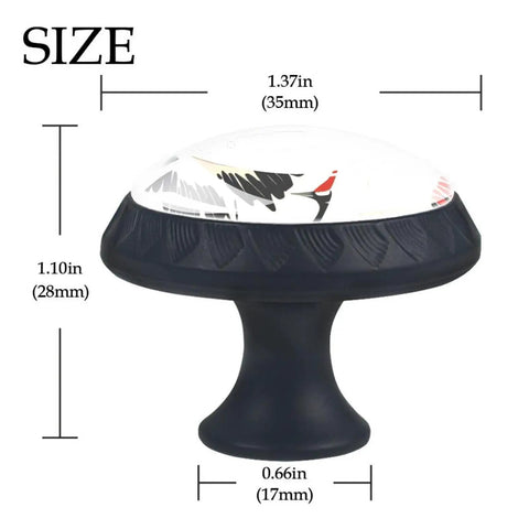 4 Piece Dope Red Crowned Crane Cabinet Knobs with Artistic Glass Design and ABS Material dimensions showing size and shape