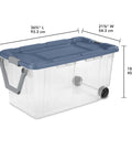 Pair Of Two 160 Quart Wheeled Stackable Storage Totes Clear Heavy Duty Plastic Containers With Secure Snap Lids side view