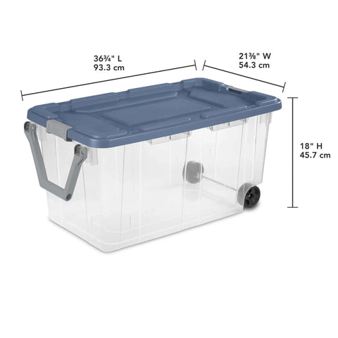 Pair Of Two 160 Quart Wheeled Stackable Storage Totes Clear Heavy Duty Plastic Containers With Secure Snap Lids side view