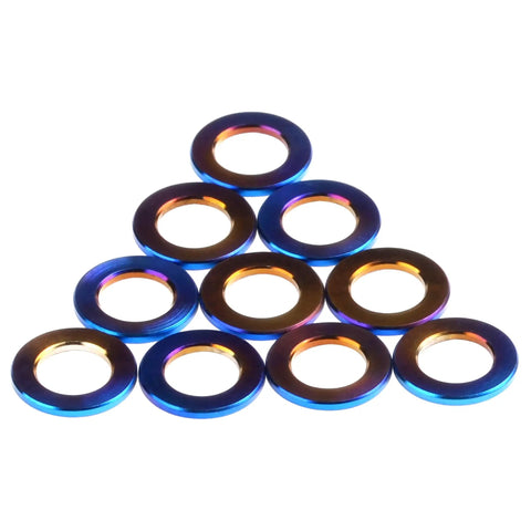 Badass Grade 5 Titanium Flat Washers For M5 Metric Bolts With Burnt Blue Finish 10 Pack angled display of washers with glossy finish