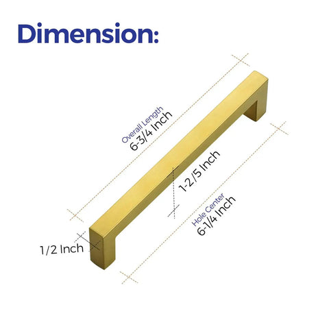 Solid Brushed Gold Square Cabinet Pulls Six Quarter Inches Center To Center 30 Pack Heavy Duty Drawer Handles For Kitchen Cabinets Wardrobes And Dressers Sweet Finishing Touch dimensions showing length and spacing.