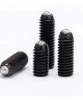 Heavy Duty Spring Ball Plungers And Hex Socket Set Screws, Grade 12.9 Alloy Steel Grub Fasteners, close-up of black metal pins.