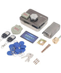 Slick Electronic Deadbolt Lock With Keyless Entry And Hella Secure Dual Remote Control For Front Door Upgrade components and keys arranged.