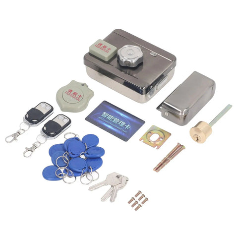 No Stress Keyless Door Deadbolt With Beast Mode Electronic Smart Lock Core, stainless steel housing, fobs and accessories.