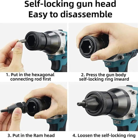 Hella Strong Cordless Rivet Nut Gun With 26V Lithium Battery Pack, showing instructions for easy disassembly of the self-locking gun head.