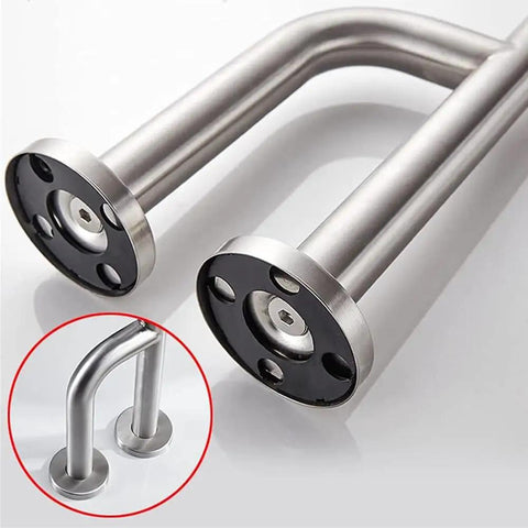 Close-up of Heavy Duty Toilet Safety Rail 27.5 Inch Bathroom Grab Bar Featuring Brushed Stainless Steel build and concealed mounting.
