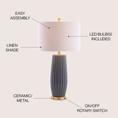Gray 28.5 Inch Modern Ceramic Table Lamp With Fluted Base And White Linen Shade, Gold Accent, Energy Efficient LED Bulb Included