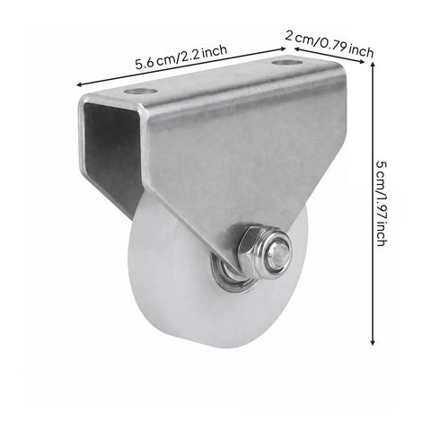 Built Tough Double Hole Bracket Pulley With Nylon Wheel Track Rolling On Precision Bearing Axle 38mm flat nylon wheel and steel bracket.