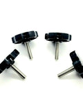 Rock Solid Quarter Inch Twenty Eight Fine Thread Clamping Thumb Screws With Slick Black Knurled Grip and Hex Head, stainless steel, four pack.