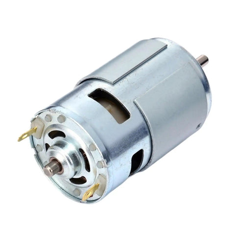Plug And Play 775 Dc Motor Ball Bearing Build Wide Voltage Range Supporting Twelve Through Sixty Volts Twin Speed Settings Maxing Out At Twenty K Rpm side view of compact 775 dc motor with ball bearings