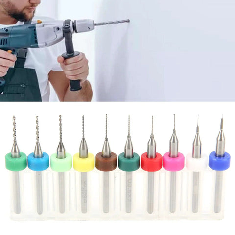 PCB Drill Bit Set For Circuit Boards, Pro Grade Tungsten Steel Micro Twist Bits Kit displayed with 10 precision bits.