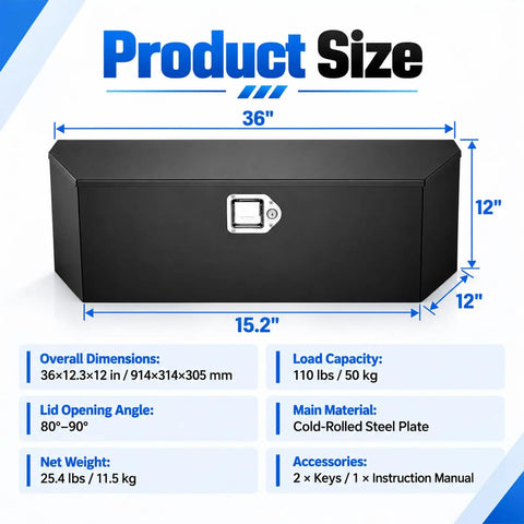 Beefy Heavy Duty Steel Trailer Tongue Box For Pickup And RV Featuring Cold Rolled A Frame Storage Setup dimensions 36x12.3x12 inches.
