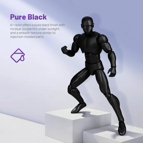 Next Level ABS Like 3D Printer Resin In Jet Black For High Precision Engineering Prints Built Different With Rock Solid Impact Resistance Ready To Drill And Tap Heavy Duty One Kilogram Vat displayed with a smooth black action figure on pedestals.