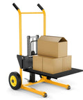 Built Tough Hydraulic Material Lift And Foldable Winch Stacker With Removable Steel Platform lifting stacked boxes on a portable base.