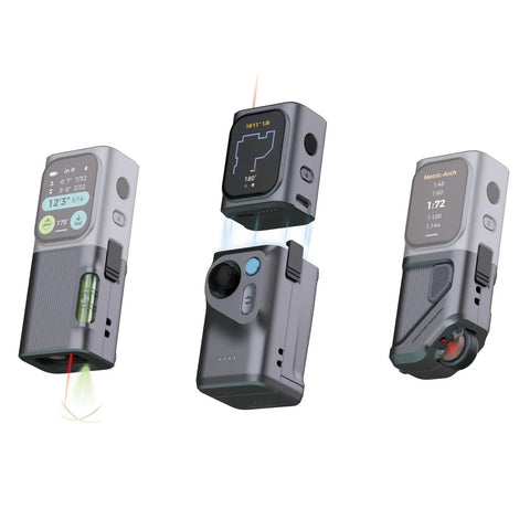 Modular Rechargeable Laser Meter With Bilateral Beam And Bluetooth Featuring Four Hella Handy Modules With Digital Roller And Level, showing versatile snap-on design.