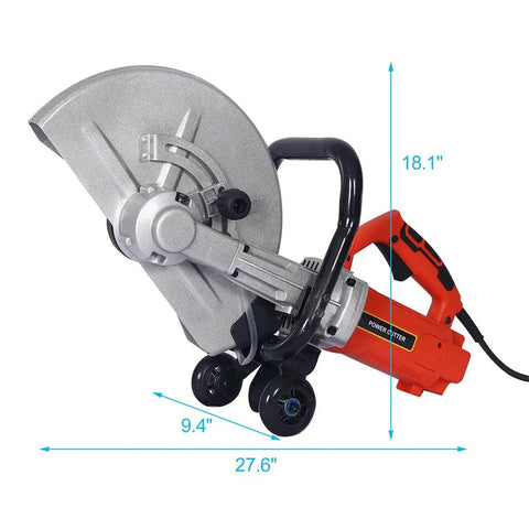 Heavy Duty 14 Inch Electric Concrete Saw Built Tough 3000W Motor on a table, measuring 27.6" long, with guide roller and water feed system.